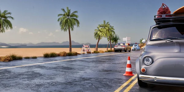 Carro Cinzento Estacionado Praia Céu Está Limpo Árvores Areia Renderização — Fotografia de Stock