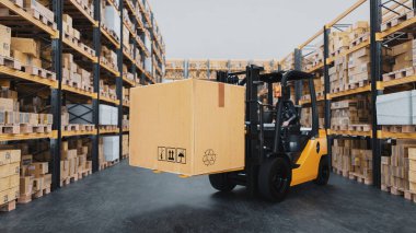 Forklift depoda karton kutular taşıyor. 3d, görüntüleme, illüstrasyon,