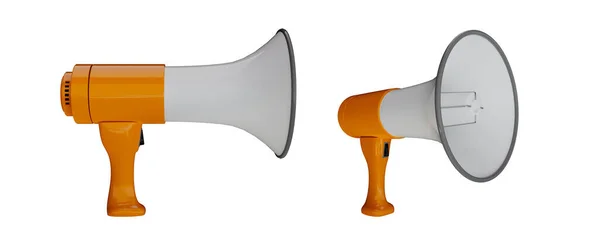 Dwa Megafony Pomarańczowymi Uchwytami Białym Tle Renderowanie Ilustracja — Zdjęcie stockowe