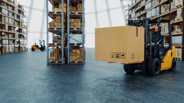 Forklift carrying cardboard boxes in warehouse. 3d, rendering, illustration,