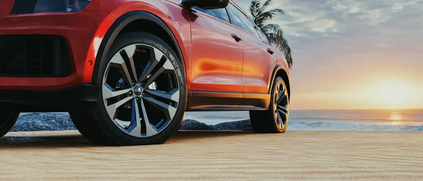 Red Car Parked Beach Sunset Rendering Illustration — Stock Photo, Image