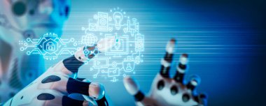 Bir robot dijital ekranda bir düğmeye basıyor. 3d, görüntüleme, illüstrasyon,