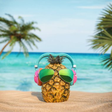 Pineapple wears green sunglasses and headphones. The background of the picture is a beach. 3d, rendering, illustration,	