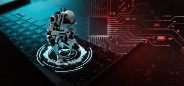 Bir robot oturur ve klavyede düşünür. Sisteme göz kulak ol ve 33D, tasvir, illüstrasyon,