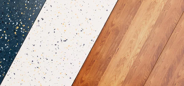 Der Dunkelbraune Holzboden Bildet Einen Schönen Kontrast Zum Fliesenboden — Stockfoto