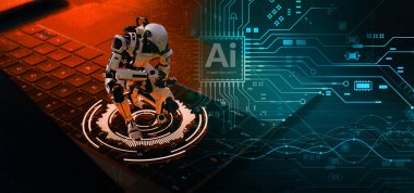 Bir robot oturur ve klavyede düşünür. Sisteme göz kulak ol ve 33D, tasvir, illüstrasyon,