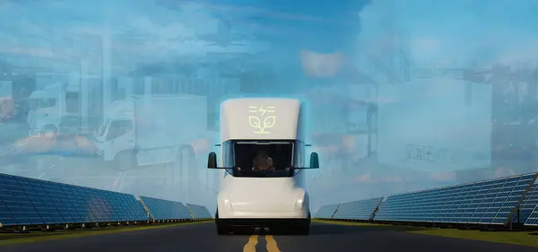 Electric trucks running on the road And there are solar panels on the side. And in the background there is a picture of the delivery system. 3d, rendering, illustration,
