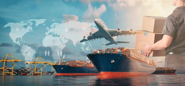 Schepen Haven Voor Logistiek Bedrijf Vervoer Van Vrachtcontainers Vrachtvliegtuigen Diverse — Stockfoto