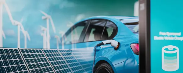 A blue electric car is charging and has a picture of solar panels. Electric vehicle chargers and wind turbines.3d, rendering, illustration,