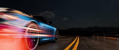 Gece yolda kırmızı bir araba sürüyordu. 3d, görüntüleme, illüstrasyon,