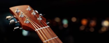 Akustik gitar başlığının yakın çekimi. 3d, görüntüleme, illüstrasyon,