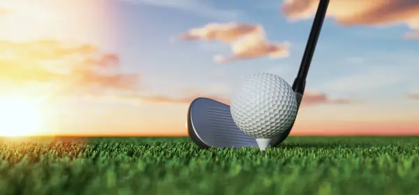 Golfbollen Tee Bredvid Golfklubben Morgonhimlen Bakgrunden Återgivning Illustration — Stockfoto