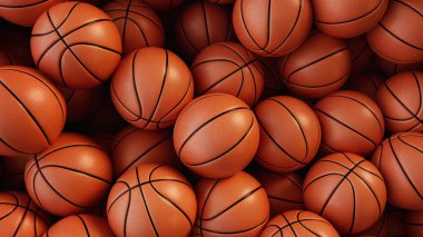 Bir yığın basketbol topu üst üste istiflenmiş. Basketbol topu parlak renklidir. 3d, görüntüleme, illüstrasyon,