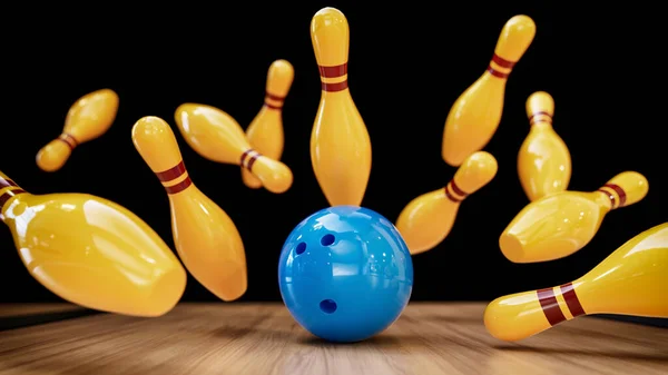 Bowling Ball Hitting Golden Bowling Pins Rendering Illustration — Stock Photo, Image