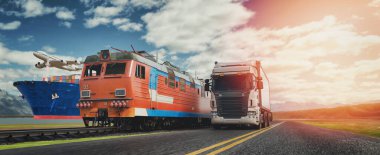 Demiryolu, yol, hava ve deniz gibi araçları kullanan entegre ulaşım sistemi. 3d, görüntüleme, illüstrasyon,