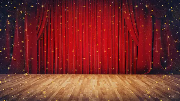 Holzboden Bühne Mit Roten Vorhängen Hintergrund Darstellung Und Illustration Stockfoto