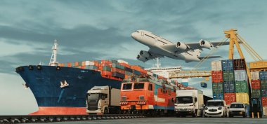 Logistics import export of containers cargo freight ship, truck transport container on highway at port cargo shipping dock yard , plane, transportation industry concept 3d render and illustration