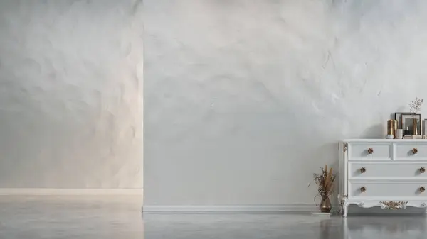 Vor Einer Eleganten Weißen Wand Sitzt Ein Weißer Holztisch Rendering — Stockfoto