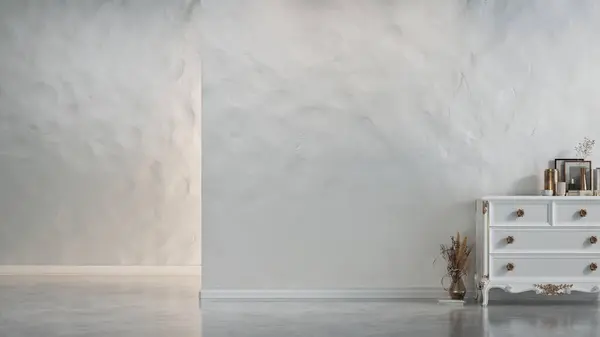Vor Einer Eleganten Weißen Wand Sitzt Ein Weißer Holztisch Rendering lizenzfreie Stockbilder