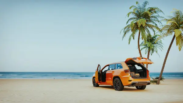 Ein Orangefarbener Geländewagen Mit Offenem Kofferraum Strand Rendering Illustration lizenzfreie Stockbilder