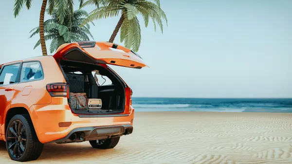 Ein Orangefarbener Geländewagen Mit Offenem Kofferraum Strand Rendering Illustration Stockbild