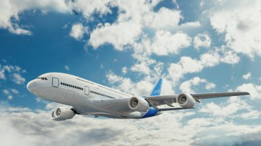 Uçak gökyüzünde. 3D render ve illüstrasyon.