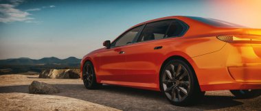 kırmızı modern araba, bir caddenin arka planında otomobil, bir tarafı kapatın, illüstrasyon ve 3D canlandırma.