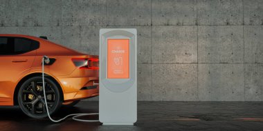 Arabalar elektrikli araç şarjı ile şarj ediliyor. 3D, görüntüleme, illüstrasyon.,