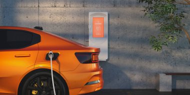 Araba ev yapımı elektrikli bir araçla şarj ediliyor. 3D, çizim, illüstrasyon.,