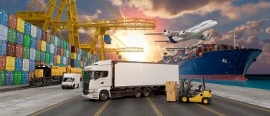 Truk konteyner kargo gemisi ve kargo uçağının nakliyesi ve lojistiği. 3d görüntüleme ve resimleme.