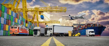 Truk konteyner kargo gemisi ve kargo uçağının nakliyesi ve lojistiği. 3d görüntüleme ve resimleme.