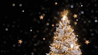 Altın ve gümüşle süslenmiş Noel ağacı. 3 boyutlu, resimli.,