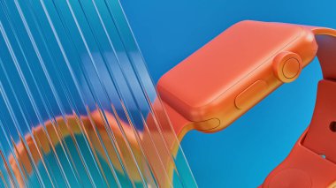 Mavi arkaplana yerleştirilmiş turuncu akıllı seğirme... 3D, görüntüleme, illüstrasyon,