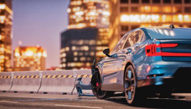 Midede meydana gelen bir araba kazasının görüntüsü. 3d görüntüleme ve resimleme.