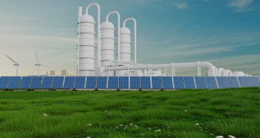 Yenilenebilir enerji kaynaklarıyla çalışan geleceğin hidrojen üretim tesisi. Bu görüntüde yeşil bir alanda büyük bir hidrojen depolama tankı, rüzgar türbini ve güneş panelleri görülüyor.