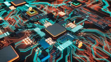 Devre kartındaki bir mikroçipin yakın çekimi. Elektronik bileşenlerden oluşan karmaşık bir ağı gösteriyor. Tasarım çipin veri güvenliğindeki önemini vurguluyor. 3d, görüntüleme, illüstrasyon,