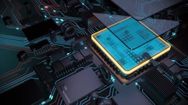 Devre kartındaki bir mikroçipin yakın çekimi. Elektronik bileşenlerden oluşan karmaşık bir ağı gösteriyor. Tasarım çipin veri güvenliğindeki önemini vurguluyor. 3d, görüntüleme, illüstrasyon,