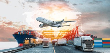 Logistics import export of containers cargo freight ship, truck transport container on highway at port cargo shipping dock yard , plane, transportation industry concept 3d render and illustration