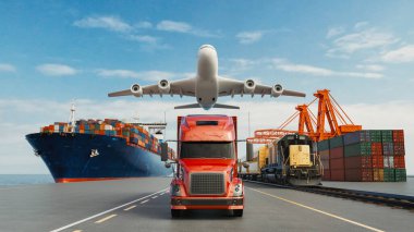 Logistics import export of containers cargo freight ship, truck transport container on highway at port cargo shipping dock yard , plane, transportation industry concept 3d render and illustration
