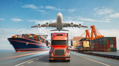 Logistics import export of containers cargo freight ship, truck transport container on highway at port cargo shipping dock yard , plane, transportation industry concept 3d render and illustration