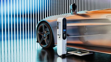 Pırıl pırıl elektrikli bir araç, modern, yüksek teknolojili bir çevrede fütüristik bir EV şarj istasyonu kullanılarak kablosuz olarak şarj ediliyor.,