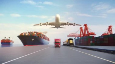 Logistics import export of containers cargo freight ship, truck transport container on highway at port cargo shipping dock yard , plane, transportation industry concept 3d render and illustration