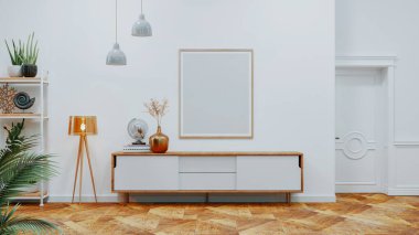 Minimalist dekorlu modern bir İskandinav oturma odası. Ahşap mobilyalar, ev bitkileri ve duvarlarda boş resim çerçeveleri vardı. 3d, görüntüleme, illüstrasyon,