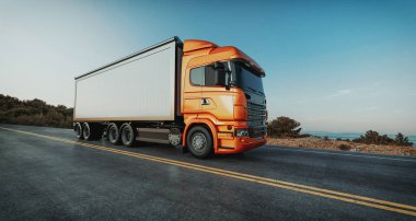 A sleek red semi-truck driving on an empty highway at sunset, showcasing power and modern transportation. 3d, rendering, illustration, clipart