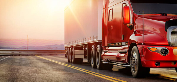 A sleek red semi-truck driving on an empty highway at sunset, showcasing power and modern transportation. 3d, rendering, illustration,