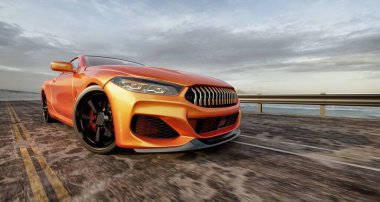 Yüksek kalite, telif hakkı olmayan, bulutlu bir gökyüzünün altında manzaralı bir sahil yolunda giden turuncu bir spor arabanın üç boyutlu görüntüsü. 3d, görüntüleme, illüstrasyon,