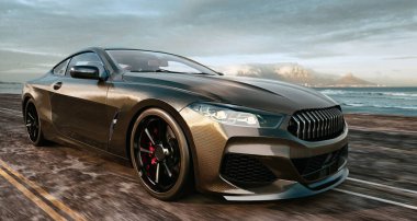 Gün batımında okyanus kenarında açık bir yolda giden parlak, fütüristik bir spor araba. Araç modelinde telif hakkı kısıtlaması yok. 3d, görüntüleme, illüstrasyon,