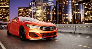 Turuncu renkli bir spor arabanın gece modern bir şehir manzarasında telif hakkı kısıtlaması olmadan sürüşünün çarpıcı bir 3D görüntüsü. 3d, görüntüleme, illüstrasyon,