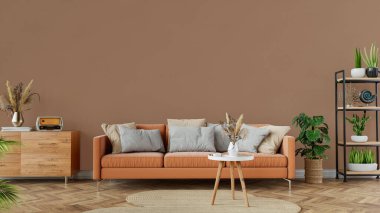 Kahverengi bir kanepe, dekoratif bitkiler ve ahşap mobilyalar ile modern konforlu oturma odası sıcak ve minimalist bir ambiyant 3D oluşturur.,
