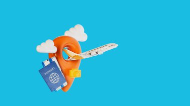 Küresel seyahat ve macerayı temsil eden bir dünya haritası üzerinde sarı bir harita broşu, uçağı, pasaportu ve kamerası olan seyahat konsepti. 3d, görüntüleme, illüstrasyon,